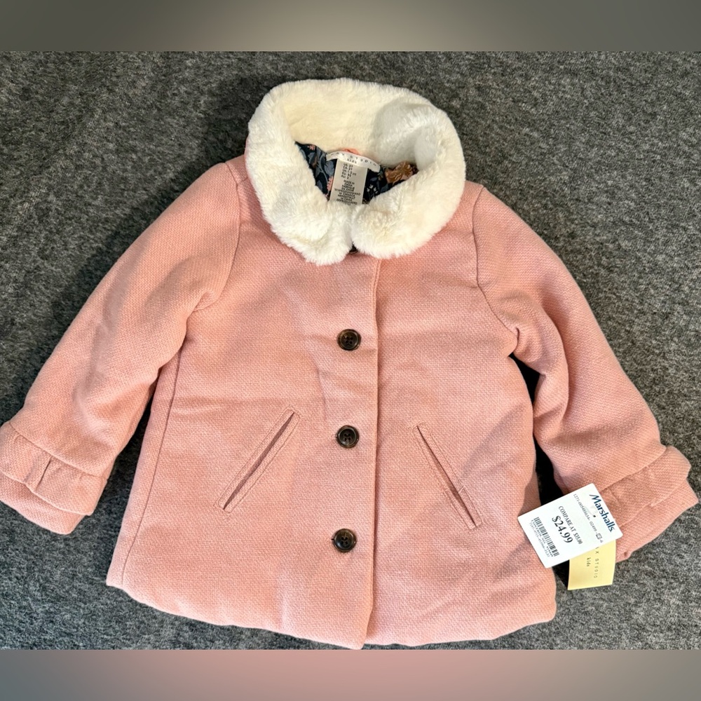 NWT- Max Studio Pink Pea Coat with Faux Fur Collar Size 2T
